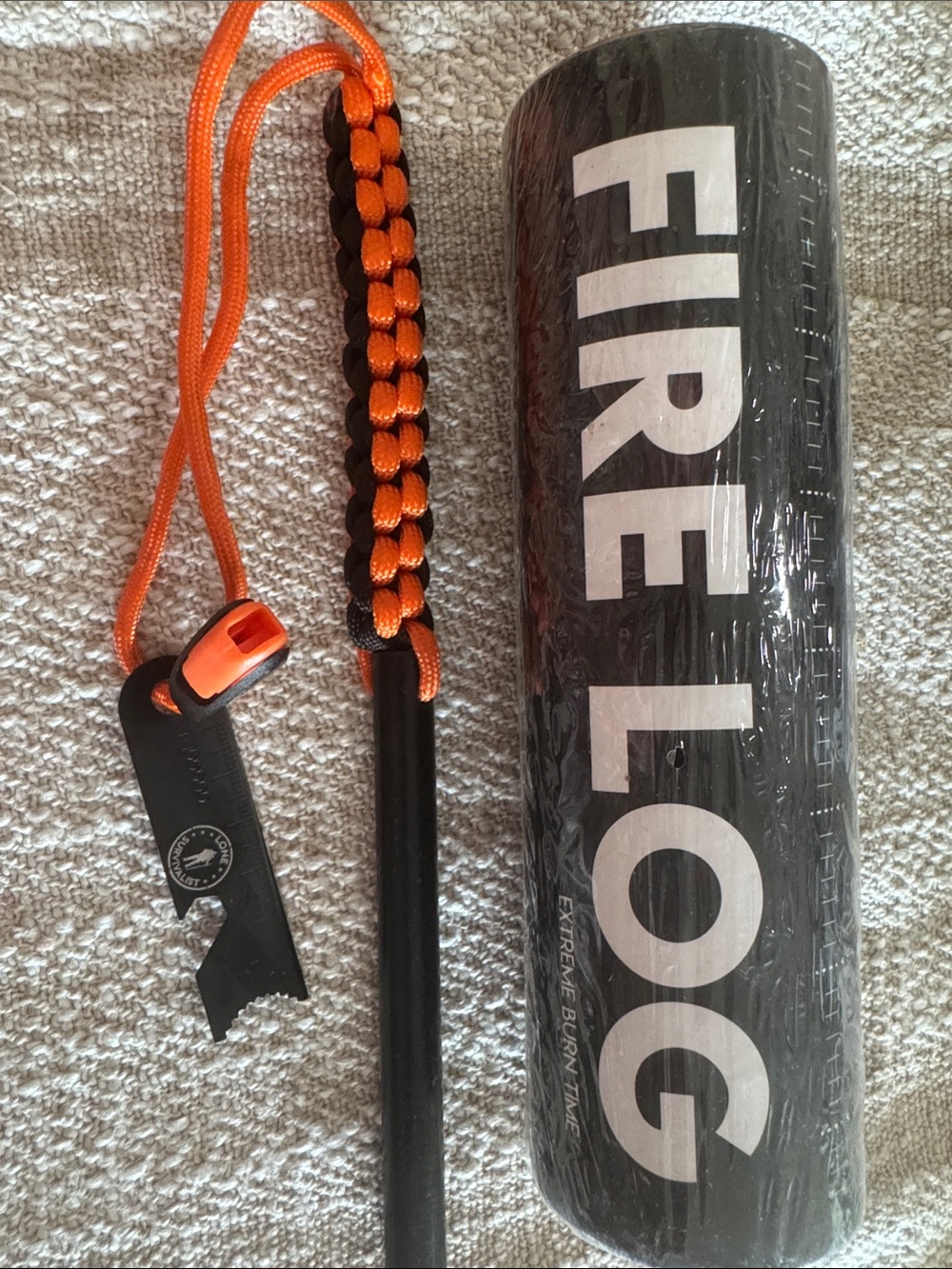 Firelog Firestarter Kit with Orange Paracord fire starter.
